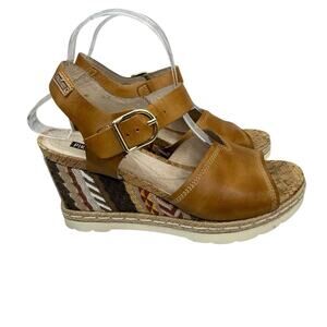 PIKOLINOS Women's 41 EU / 10.5-11 US Tribal Print Wedge Sandals Tan Leather